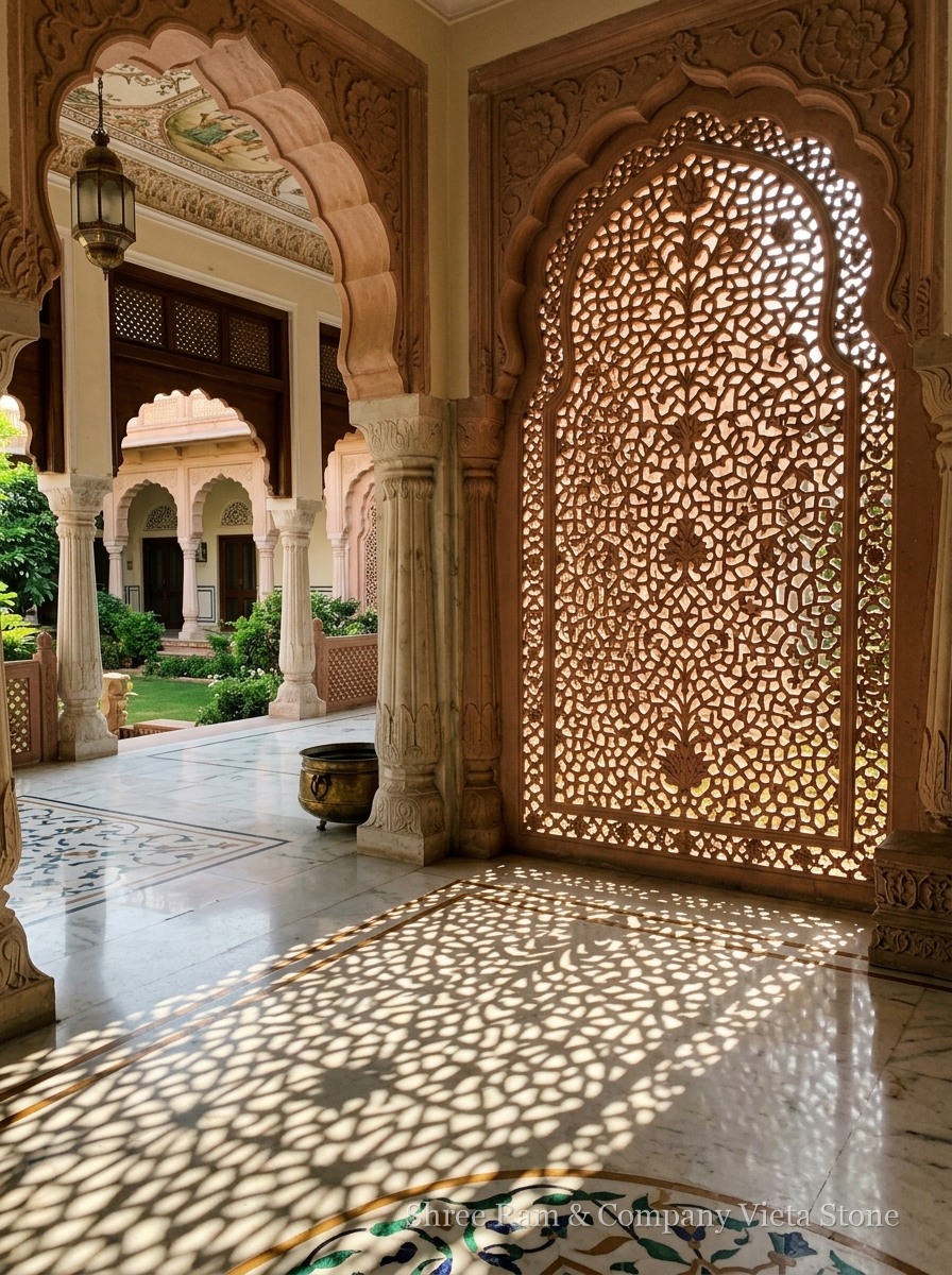 Arches and Mehrabs - Hand-carved decorative sandstone archway in Gwalior Mint and Pink Sandstone - Shree Ram & Company Vijeta Stone
