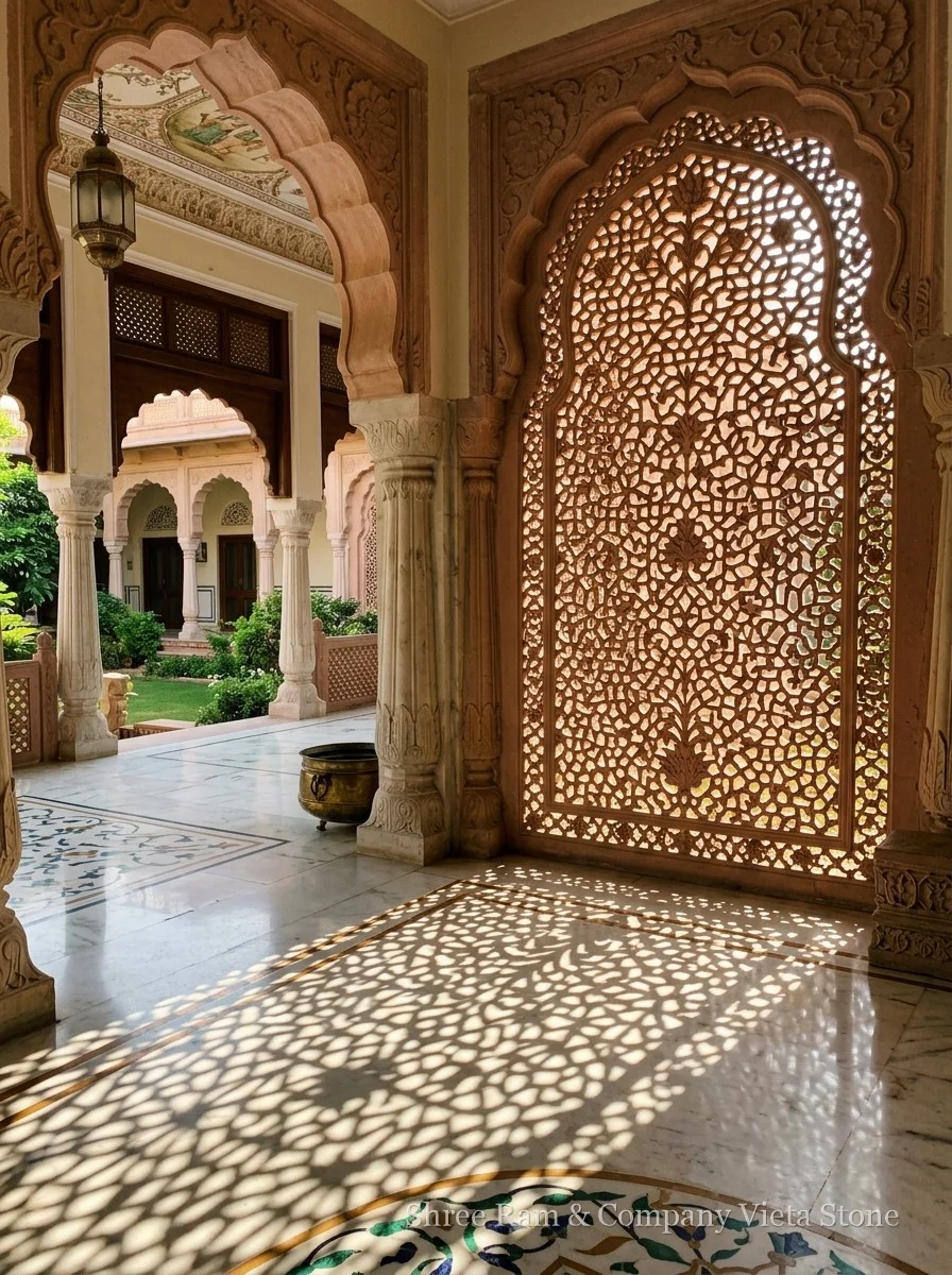 Arches and Mehrabs - Hand-carved decorative sandstone archway in Gwalior Mint and Pink Sandstone - Shree Ram & Company Vijeta Stone