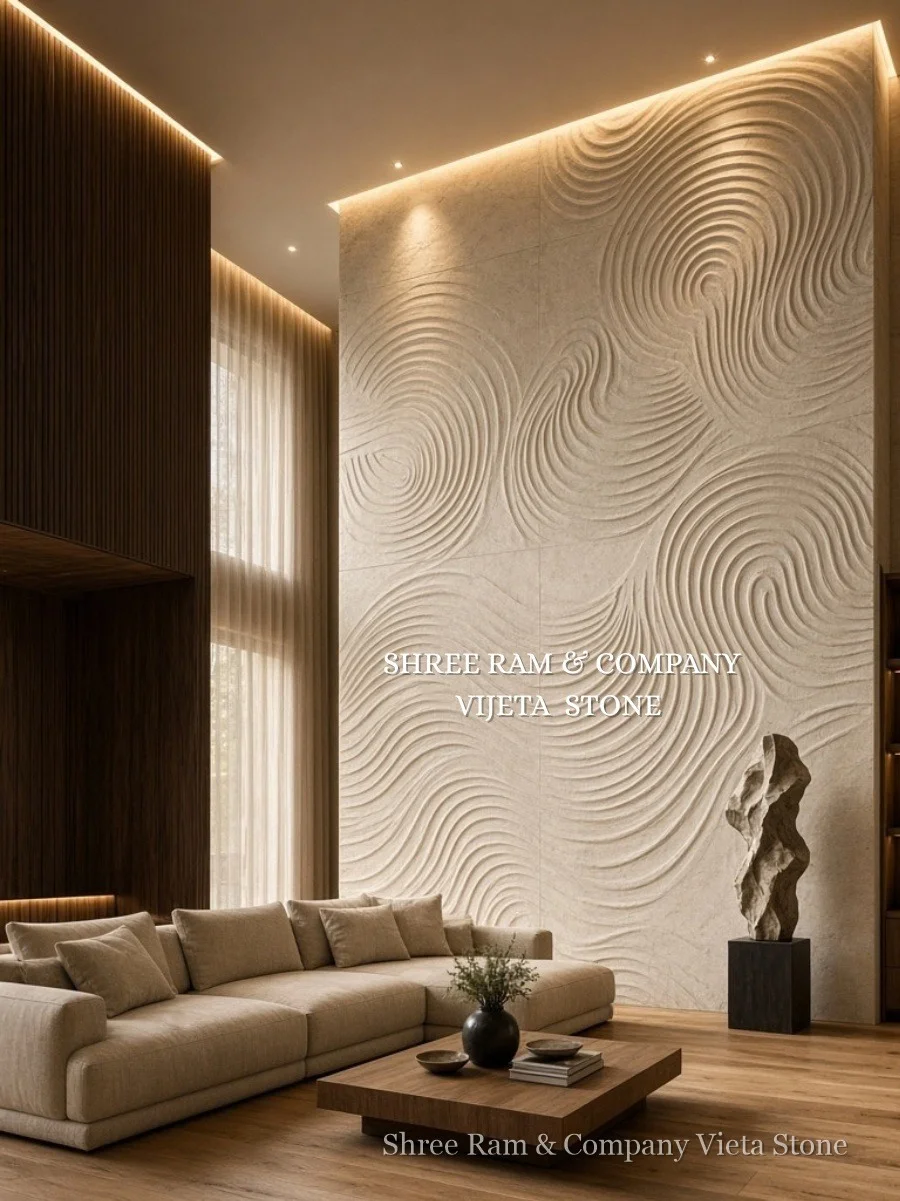 Swirling dynamic vortex wave textured sandstone relief feature wall panels with architectural up-lighting in double-height duplex lounge - Shree Ram and Company Vijeta Stone