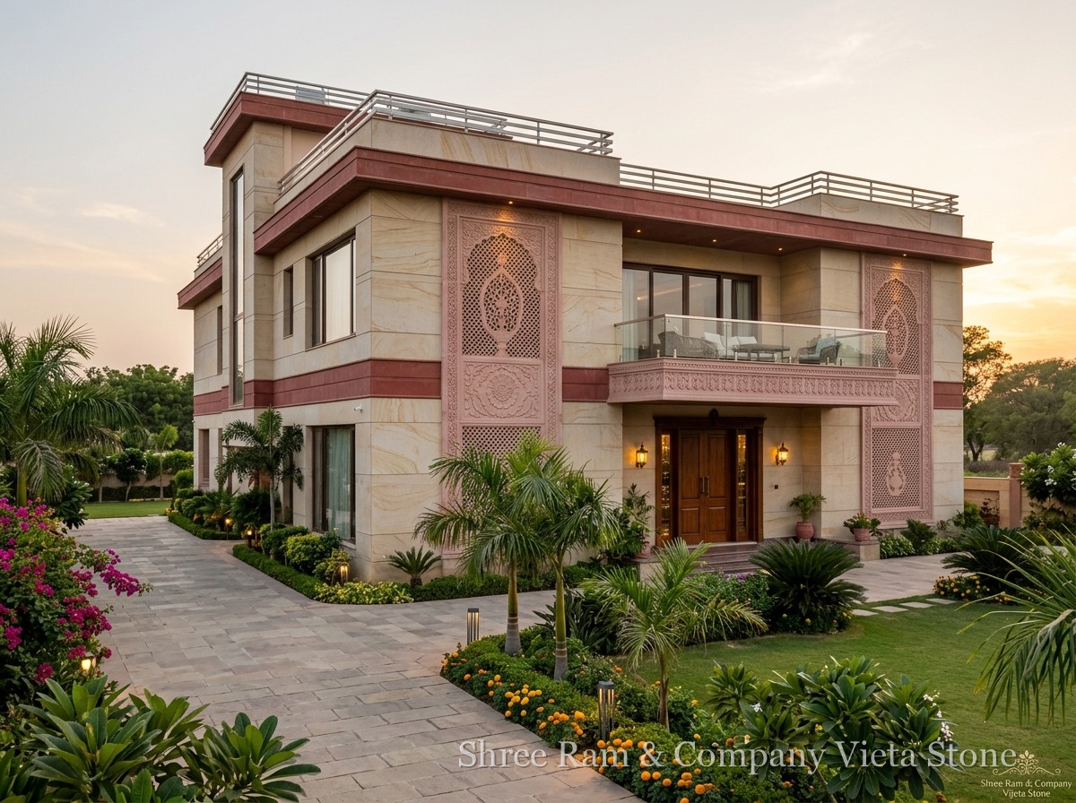 Elevation Facade - Gwalior Mint and Karauli Red Sandstone luxury bungalow facade - Shree Ram & Company Vijeta Stone