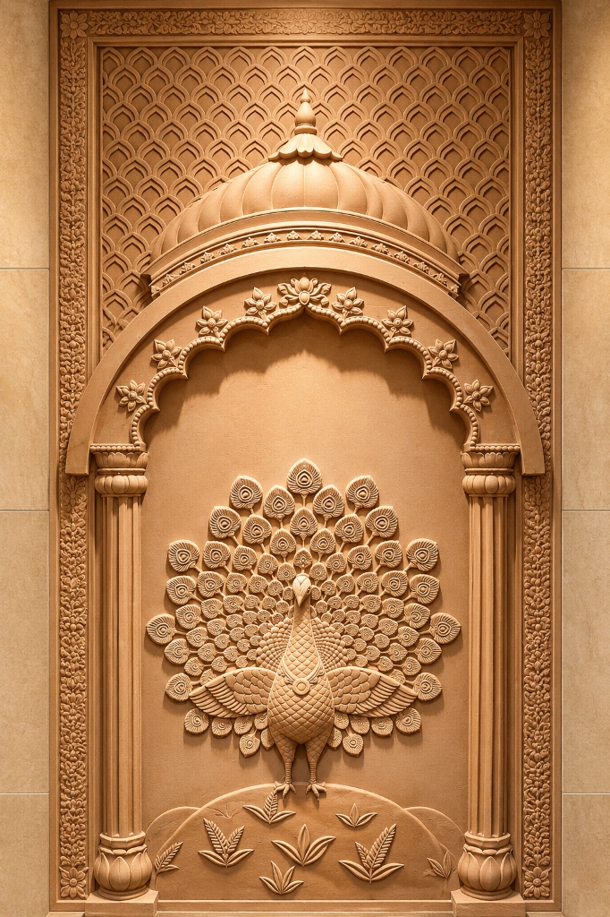 Hand-Carved Natural Sandstone Peacock Mural Relief Panel - Master Stone Carving - Shree Ram & Company Vijeta Stone