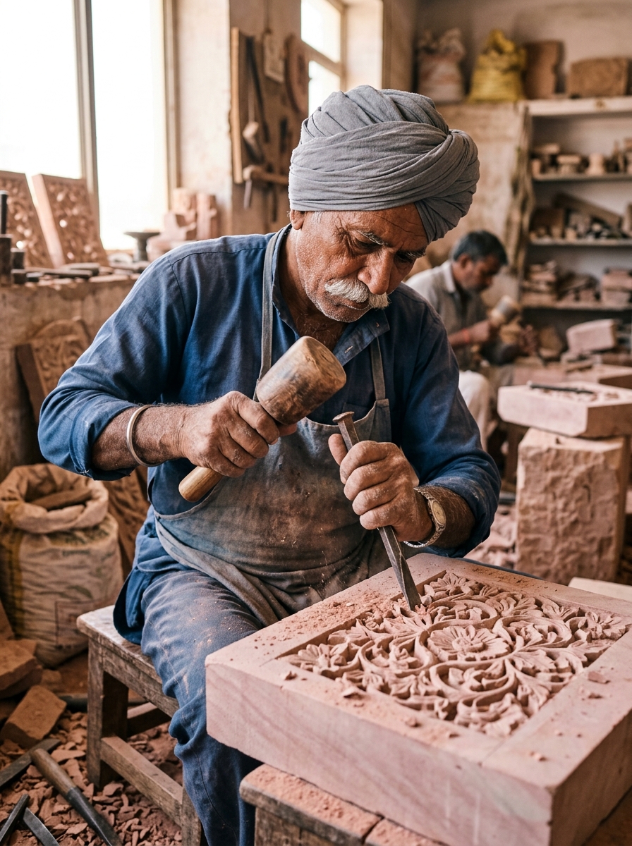 Master Craftsmen engaged in traditional stone carving techniques
