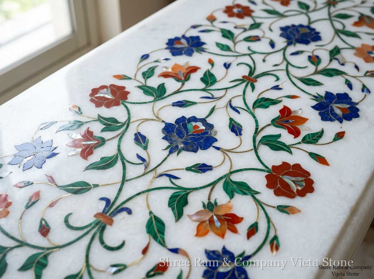 Marble Inlay - Exquisite Pietra Dura semi-precious stone floral inlay on white marble - Shree Ram & Company Vijeta Stone