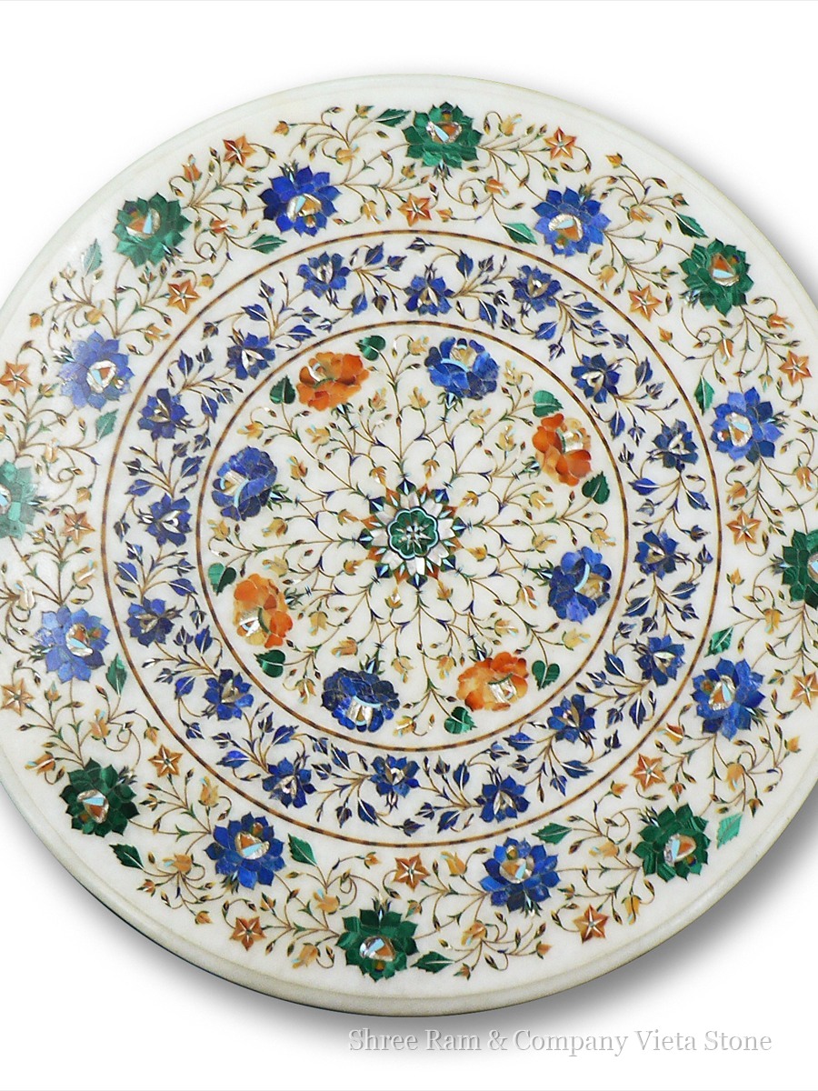 Marble Table Tops - Solid Indian white marble table top with Pietra Dura floral vine border - Shree Ram & Company Vijeta Stone
