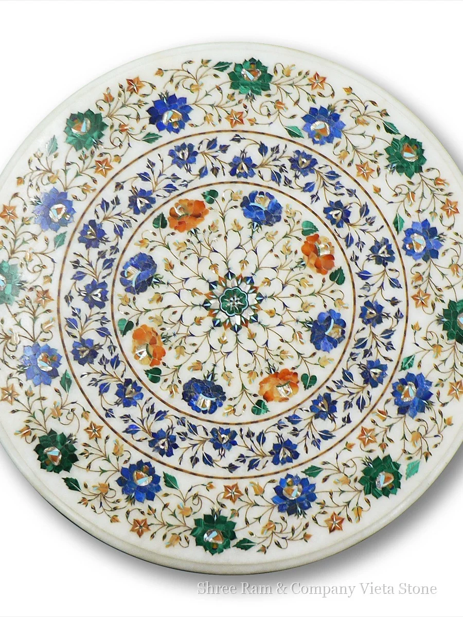 Marble Table Tops - Solid Indian white marble table top with Pietra Dura floral vine border - Shree Ram & Company Vijeta Stone