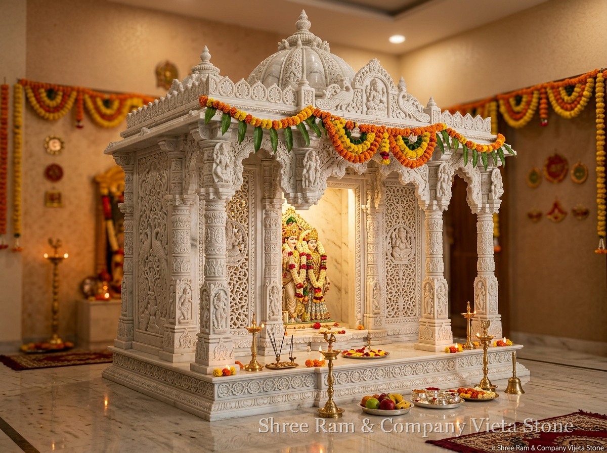 Marble Temples - Hand-carved Makrana pure white marble home mandir - Shree Ram & Company Vijeta Stone