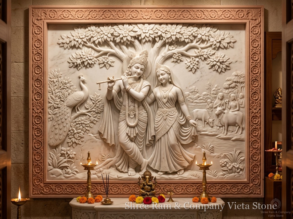 Murals & Wall Art - Radha Krishna hand-carved white marble and pink sandstone mural - Shree Ram & Company Vijeta Stone