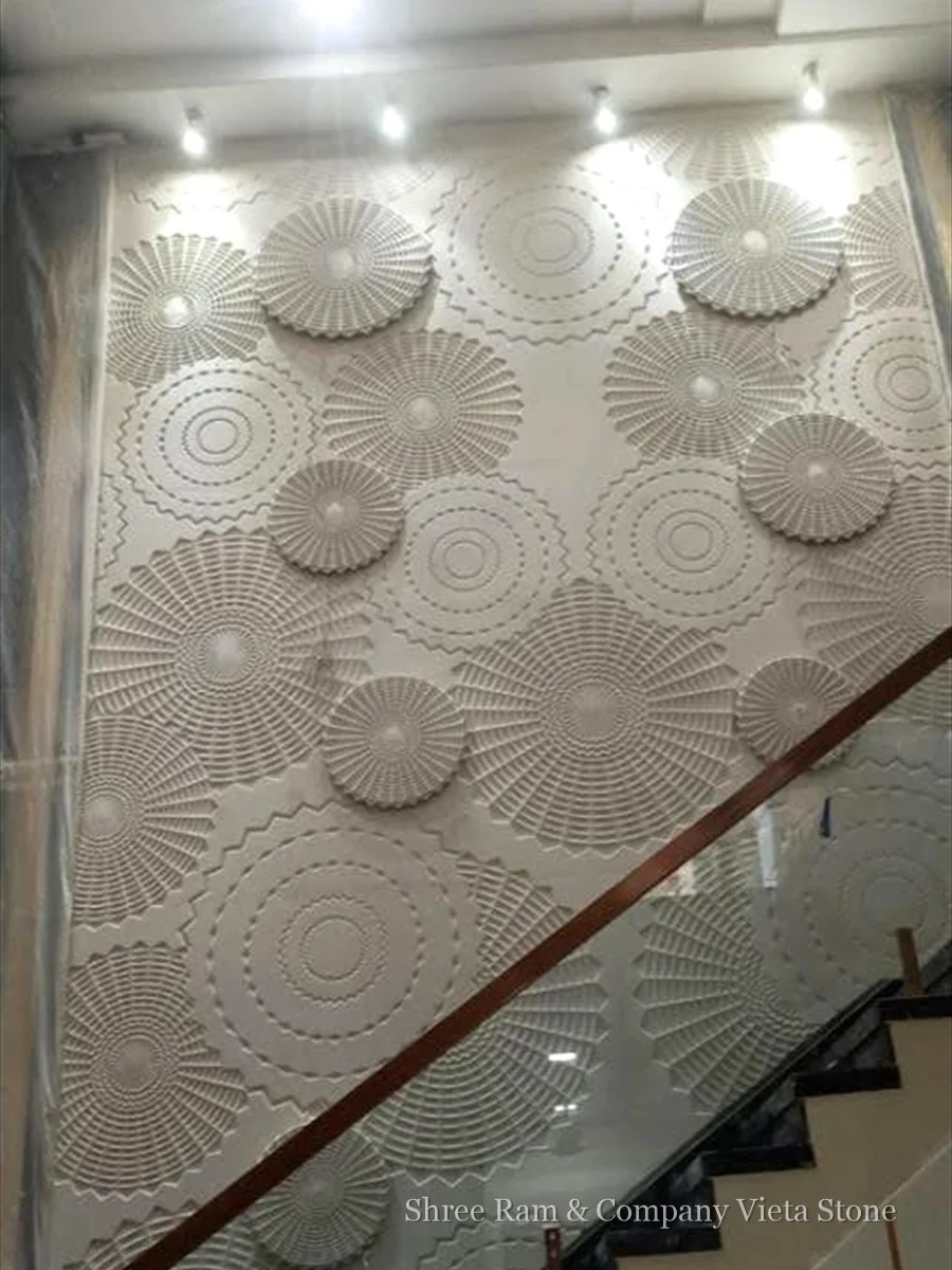 Concentric radial sunburst carved sandstone medallion featured wall panel - Shree Ram and Company Vijeta Stone