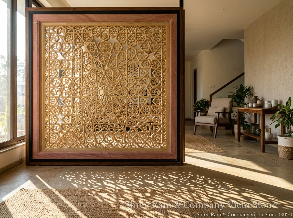Stone Jali - Hand-carved natural Gwalior mint sandstone geometric lattice screen - Shree Ram & Company Vijeta Stone