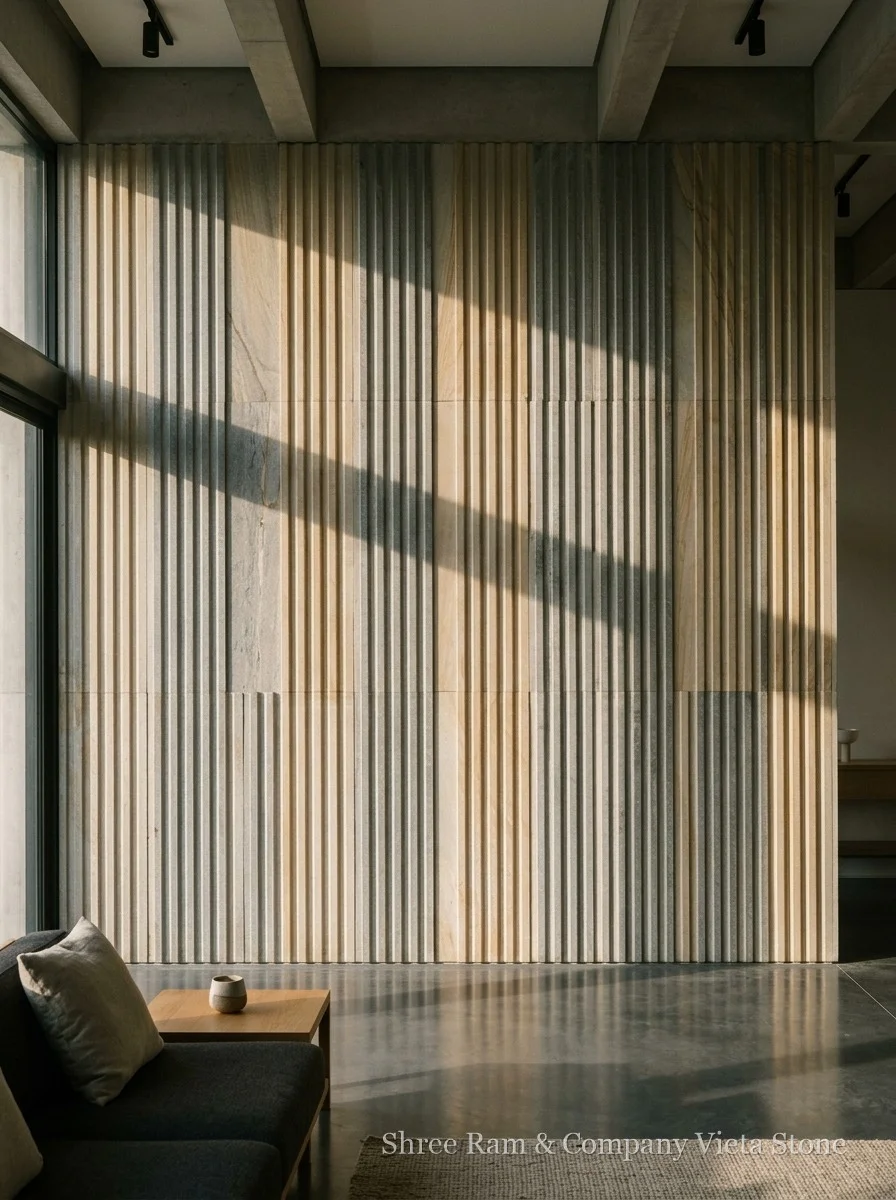 Textured geometric linear stone cladding behind modern leather sofa set - Shree Ram and Company Vijeta Stone
