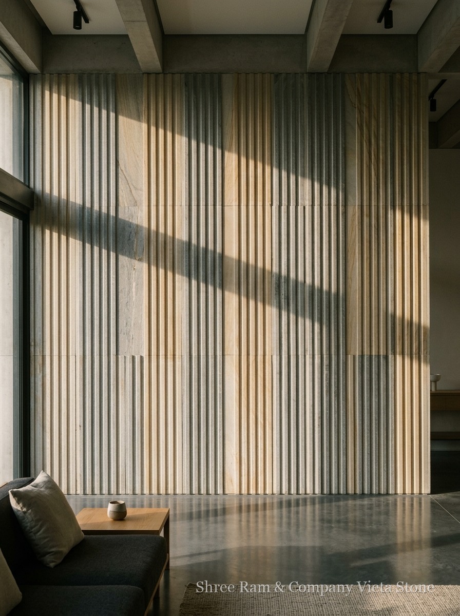 Stone Wall Panels - Fluted and textured natural sandstone feature wall panels - Shree Ram & Company Vijeta Stone