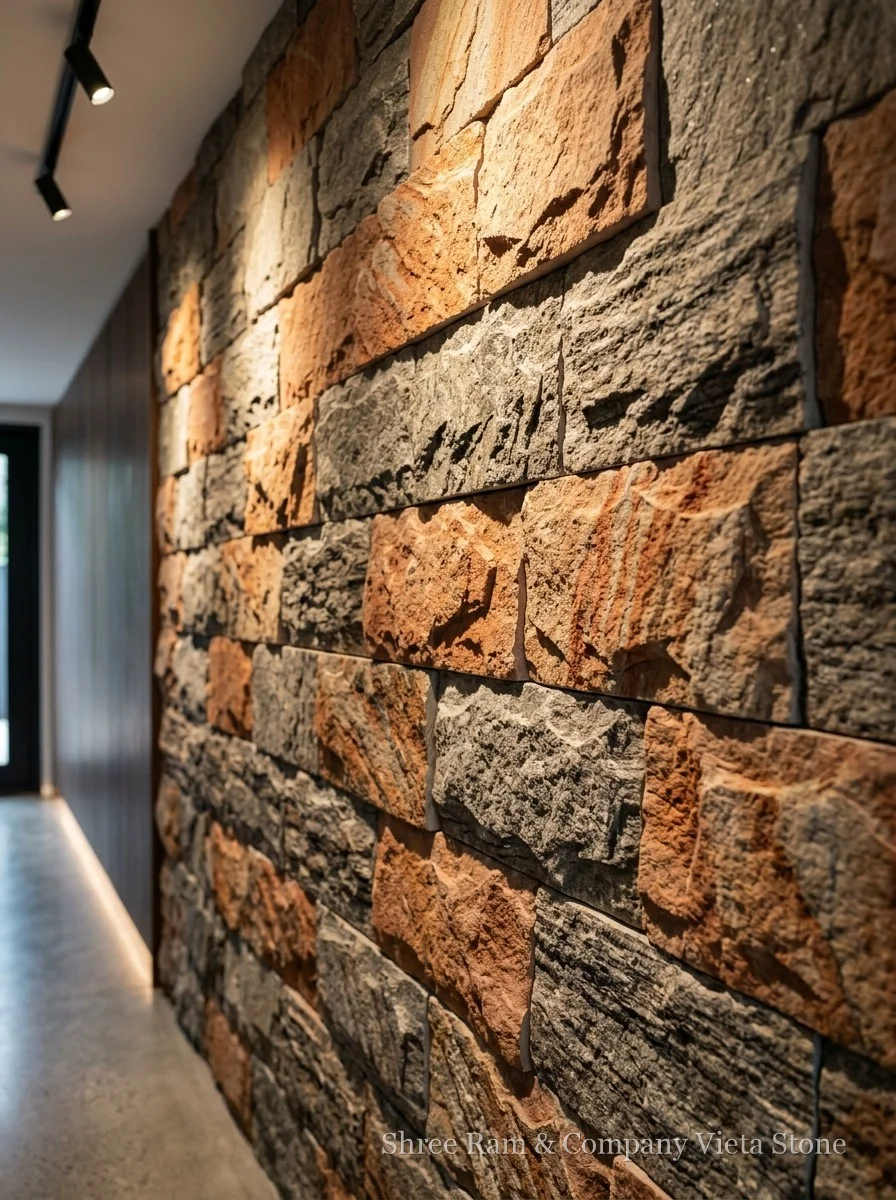 Split-face and honed dual-texture natural stone wall behind modern living room credenza - Shree Ram and Company Vijeta Stone