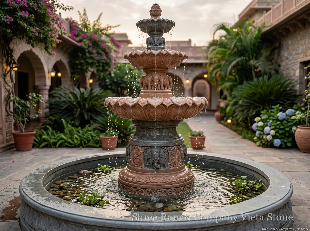 Water Fountains - Multi-tiered hand-carved pink sandstone courtyard water fountain - Shree Ram & Company Vijeta Stone