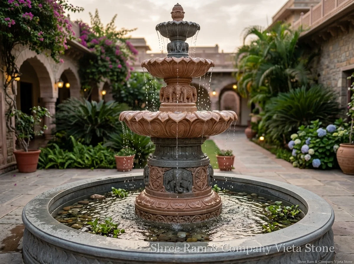 Water Fountains - Multi-tiered hand-carved pink sandstone courtyard water fountain - Shree Ram & Company Vijeta Stone