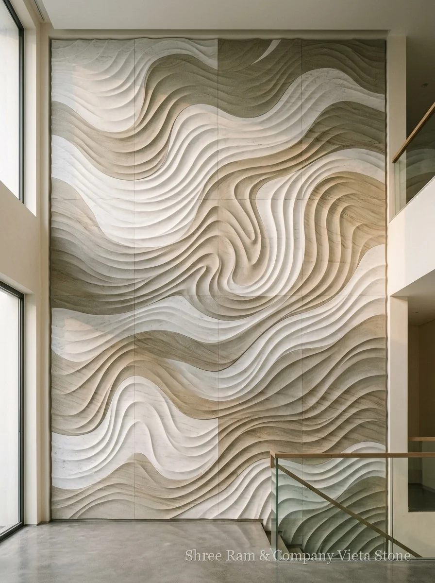 Organic dune contour wave carved sandstone wall panels in luxury living room - Shree Ram and Company Vijeta Stone